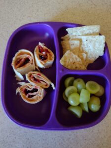 Picture of a toddler's lunch including PB&J tortillas