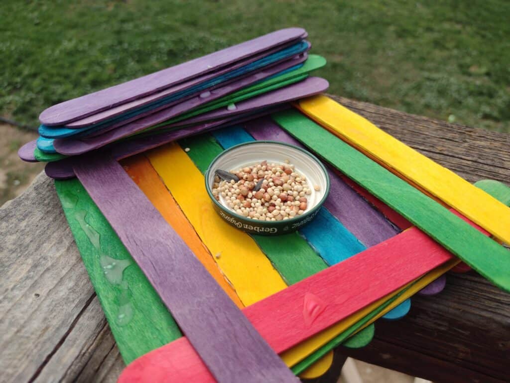 Picture of popsicle stick bird feeder outside