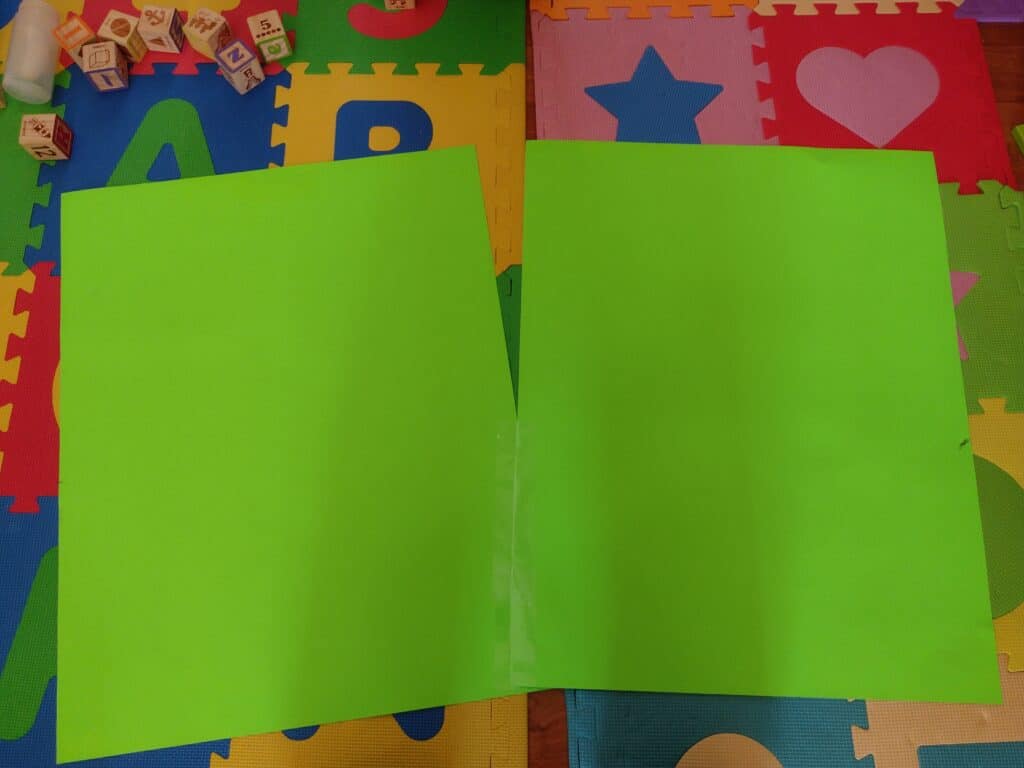 Picture of two pieces of green poster boards taped together at an angle