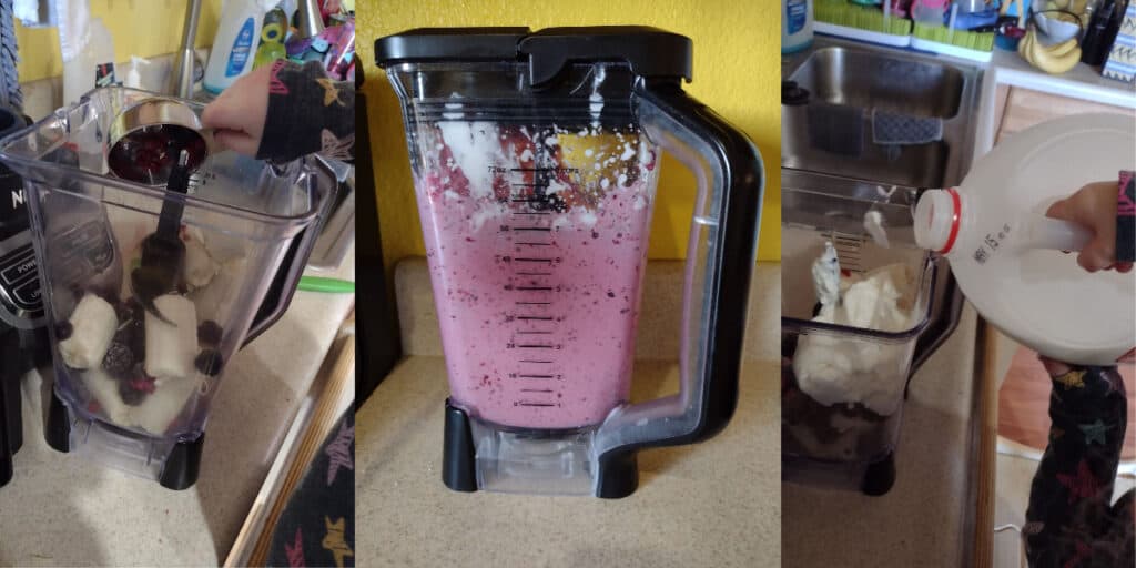 Picture collage of a blender full of smoothie and a preschooler making it