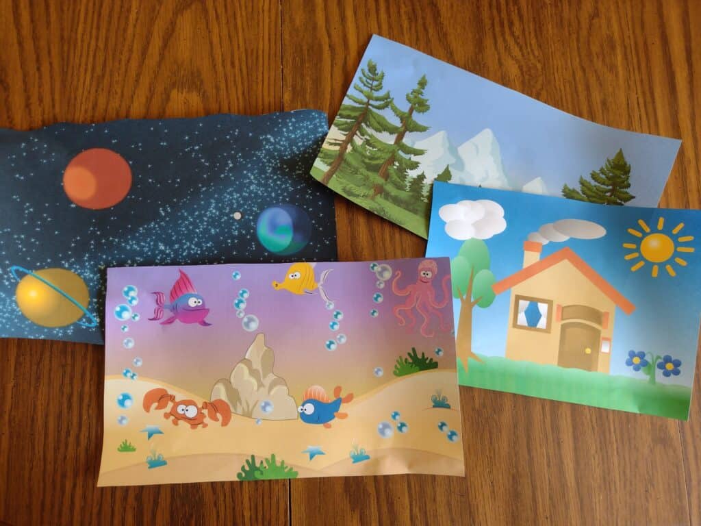 Ocean, space, forest, and house scenes printed out