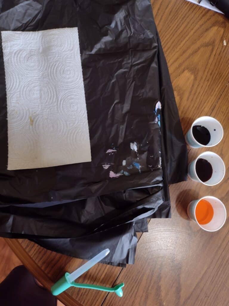 Picture of a paper towel, a dropper, and cups of yellow, red, and blue food coloring water