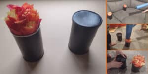 Picture of a fire jack in the box firefighter craft. One is open with tissue paper fire coming out and one is closed. To the right are three pictures of a toddler and a preschooler playing with them