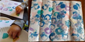 Picture of a preschooler learning to paint with shapes using pipe cleaners next to the finished product