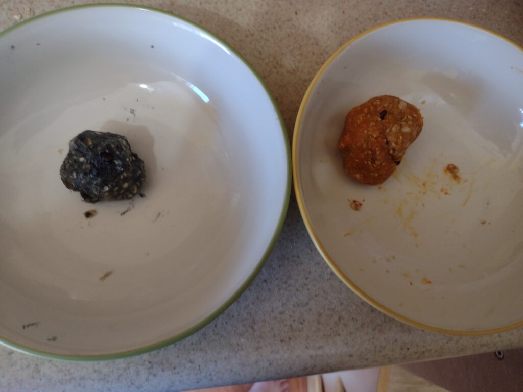 Picture of a ball of black oatmeal cookie dough and a ball or orange oatmeal cookie dough