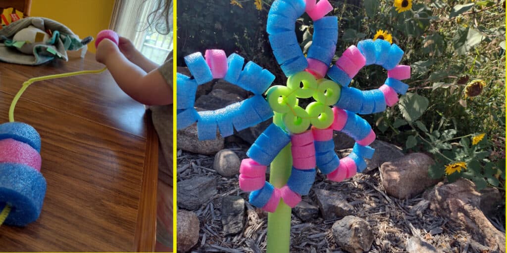 Picture of a preschooler threading pool noodle beads onto a pipe cleaner. Another picture of a flower shaped pool noodle craft