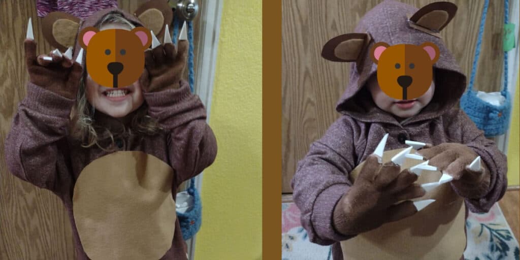 Picture of a toddler and a preschooler in a bear DIY costume