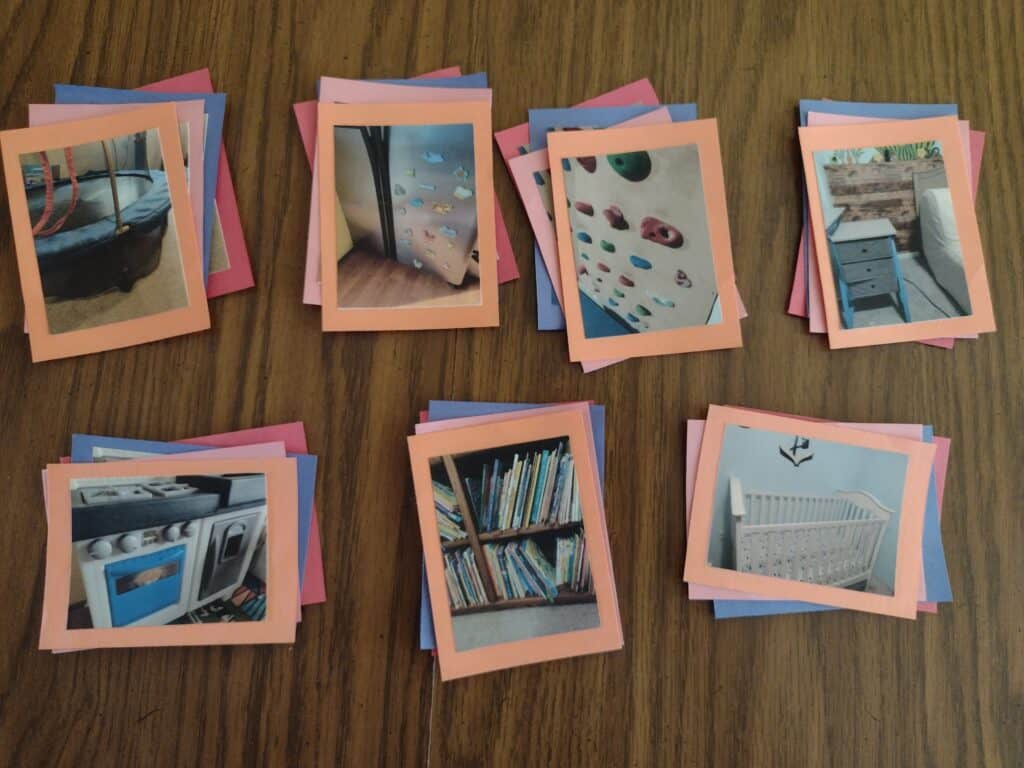 Picture of 7 sets of picture based clued for a birthday scavenger hunt. Each clue is a picture glued on a piece of colored construction paper