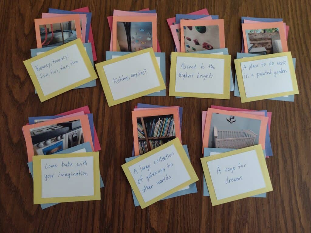 Picture of 7 sets of picture based clues with word clues on top for a birthday scavenger hunt. Each clue is a picture or words glued on a piece of colored construction paper