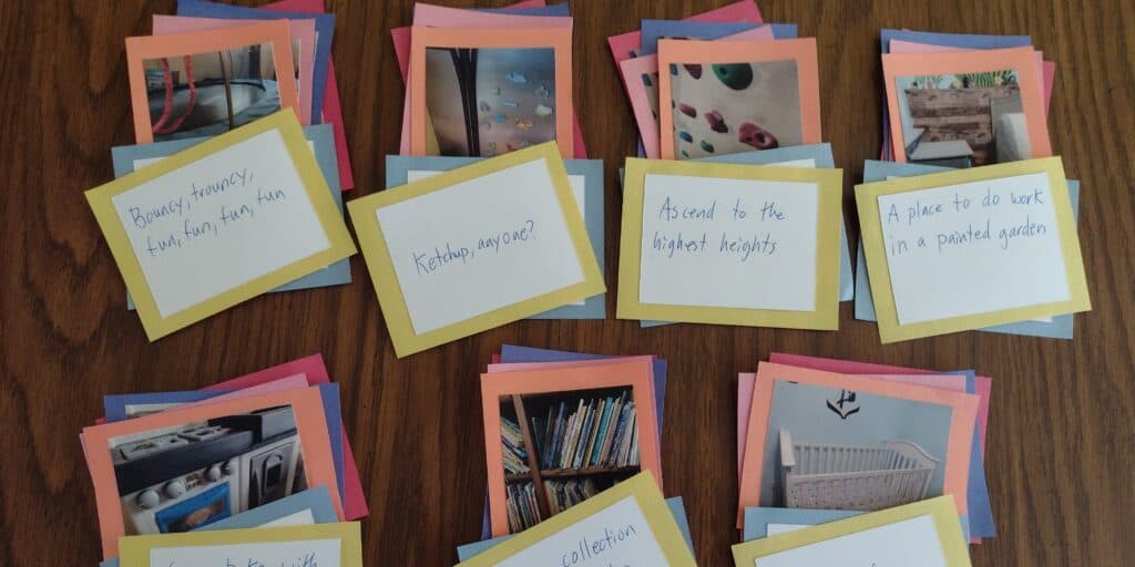 Picture of 7 sets of picture based clues with word clues on top for a birthday scavenger hunt. Each clue is a picture or words glued on a piece of colored construction paper