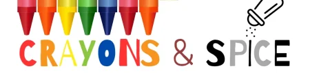 Picture of the words "Crayons and Spice". Crayons is multicolored with a matching crayon above each letter. Spice is in black and grey with a shaker above the I