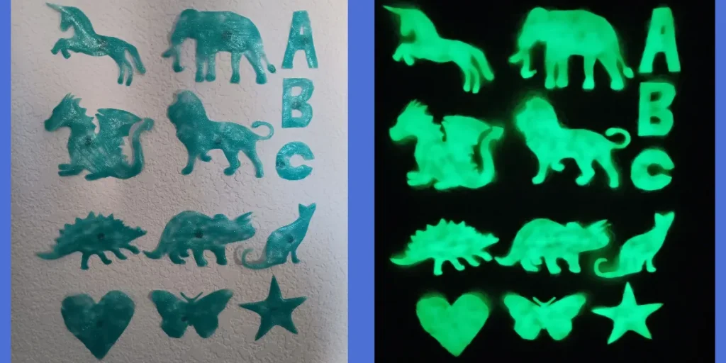 Pictures of glow in the dark stars and other shapes. On the left side there is a unicorn, an elephant, alphabet letters, a dragon, a lion, two dinosaurs, a cat, a heart, a butterfly, and a star made from glow in the dark glue. On the right are the same shapes glowing in the dark.