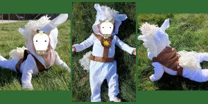 Picture of a baby in a Tangled Maximus costume for Halloween. There is a side, back, and belly view of her.