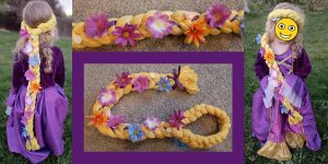 Picture of a DIY Rapunzel hair braid. There is a front view and back view of a little girl wearing the hair made form yarn and fake flowers. There is also a closeup view of the flowers glued to the braid and a picture of the Rapunzel hair laying on the ground